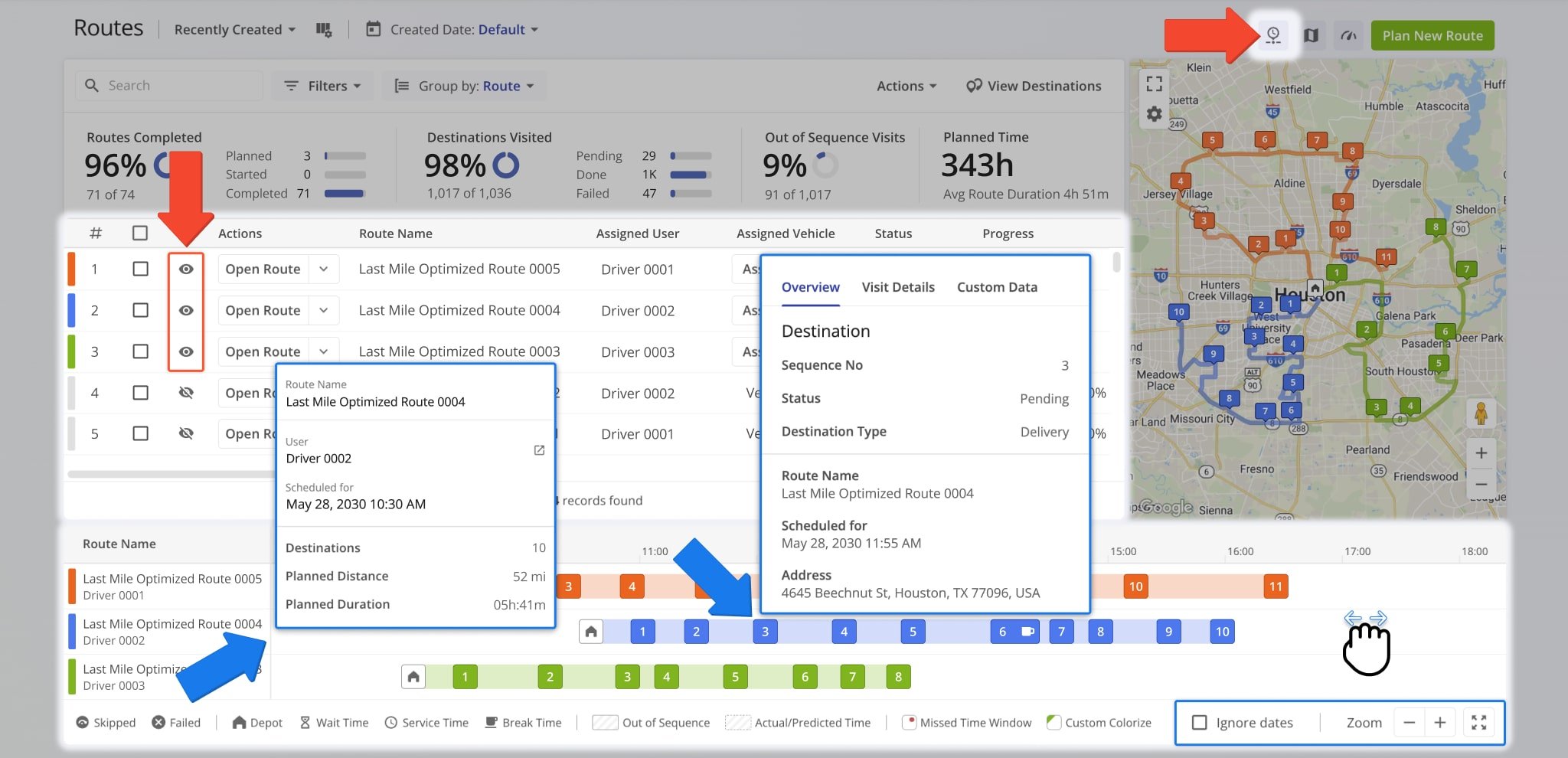 You can get an overview of the destination sequences of your selected routes according to their respective schedules with the Routes Timeline.