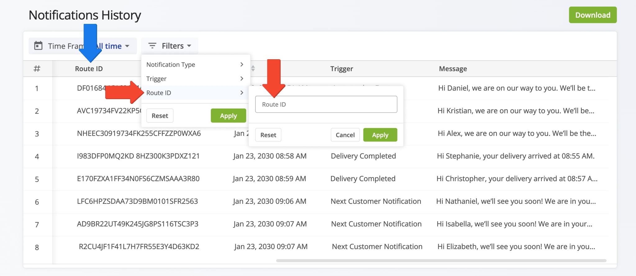 Filter customer notifications by Route ID to view those from a specific route.