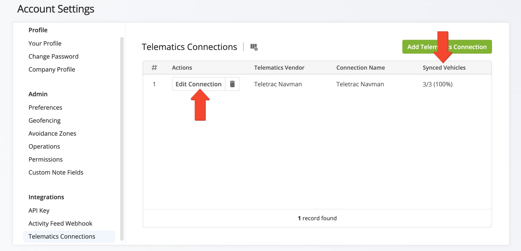  Once the telematics connection is established, it appears on your Telematics Connections page, showing the synced vehicle percentage in the 'Synced Vehicle Count' column.