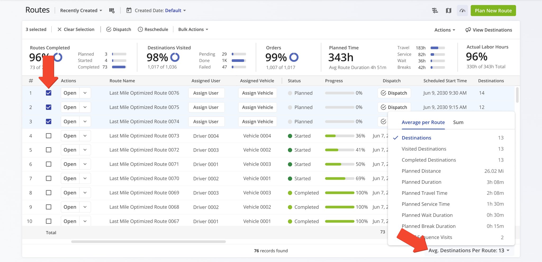 Select routes to view key statistics for each route or all routes combined.