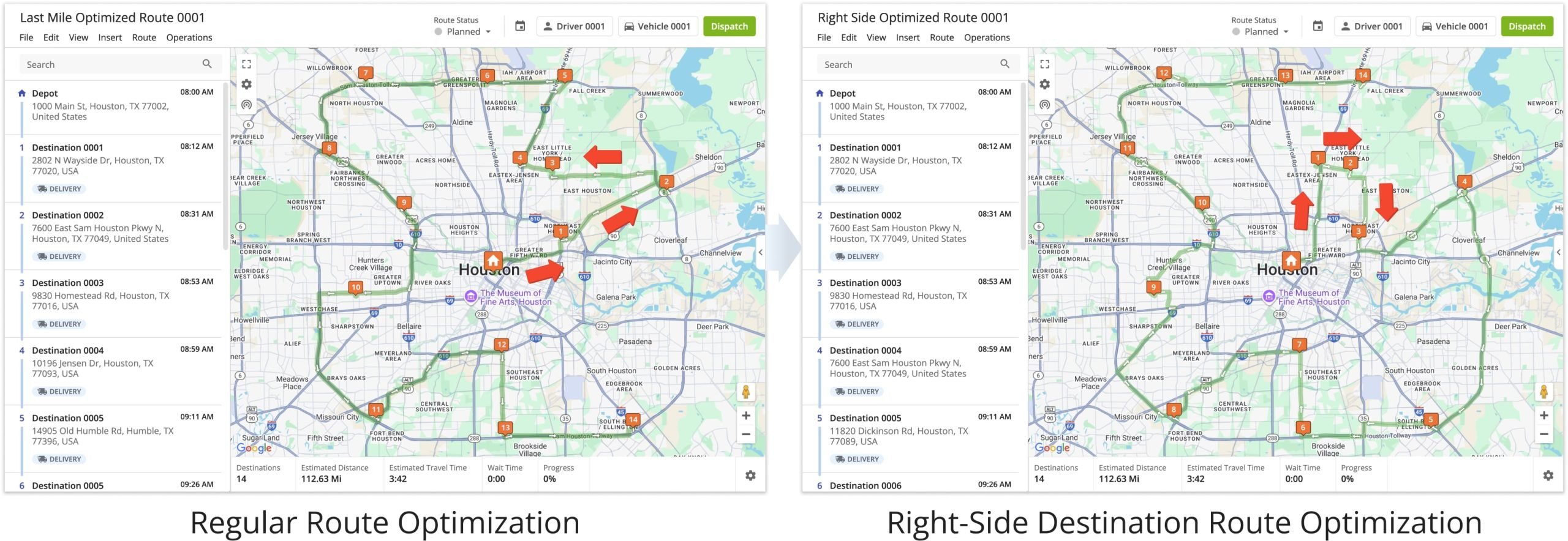 Plan routes with all destinations on one side of the road. Drivers don’t have to park opposite of the destination and cross over on foot. Significantly improve driver safety and efficiency by minimizing the risks associated with crossing busy streets, reduce Service Time, prevent unsuccessful orders, etc.