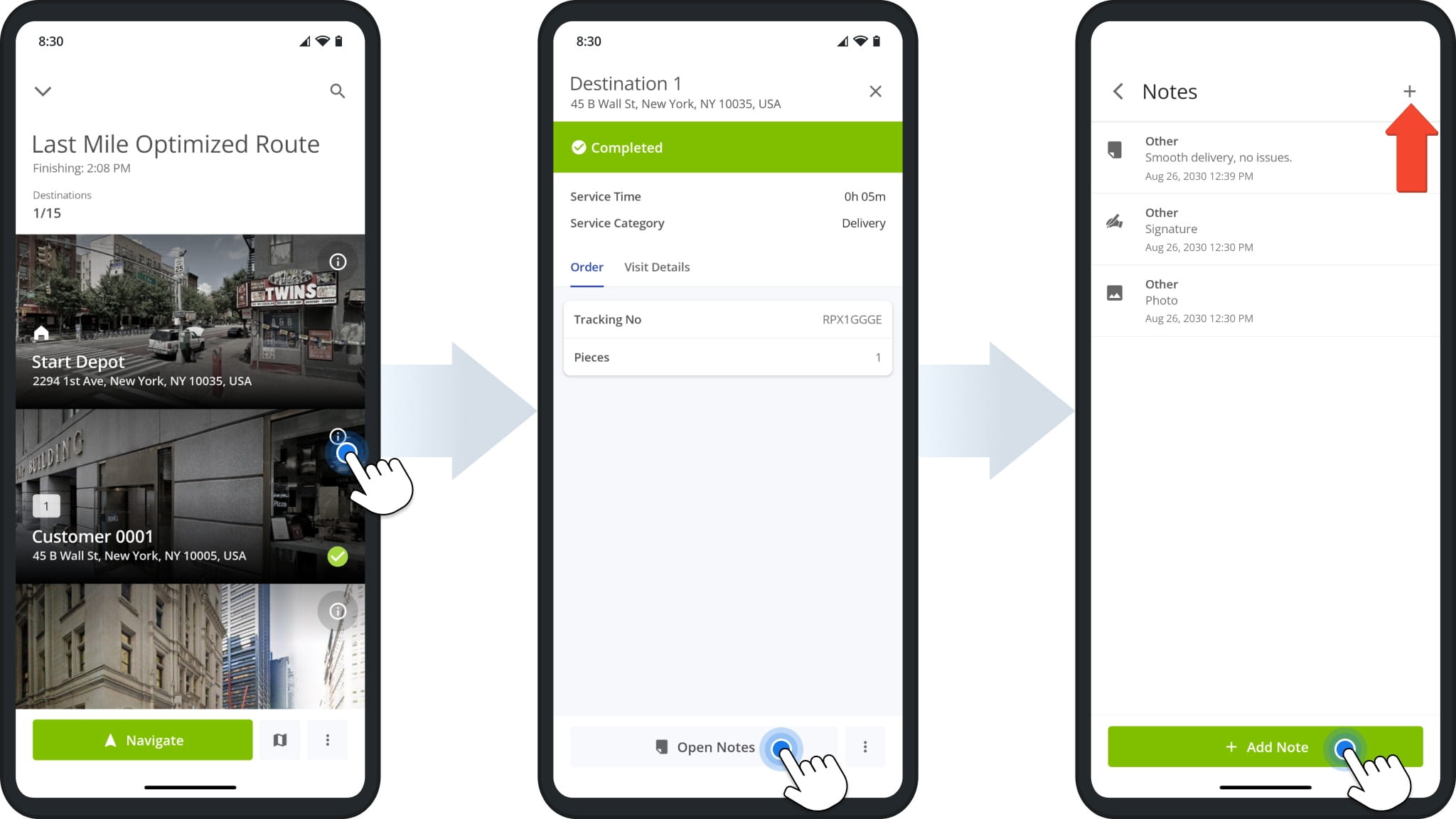 Check images, customer signatures, videos, and text notes attached to route stops as proof of service, visit, or delivery.