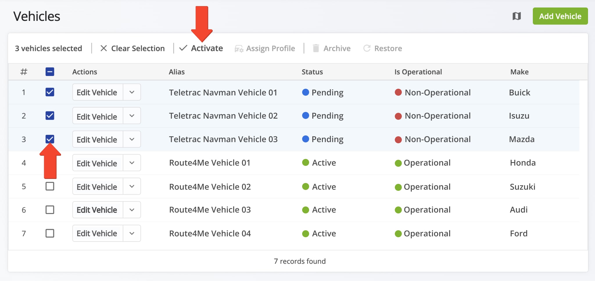 When connected to your Teletrac Navman account, all vehicles are automatically imported and synchronized with your Route4Me account.