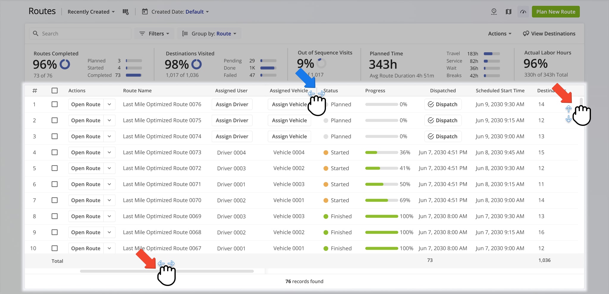 Scroll your Routes List horizontally and vertically to find any route or route data column. Additionally, resize route data columns to your preference.