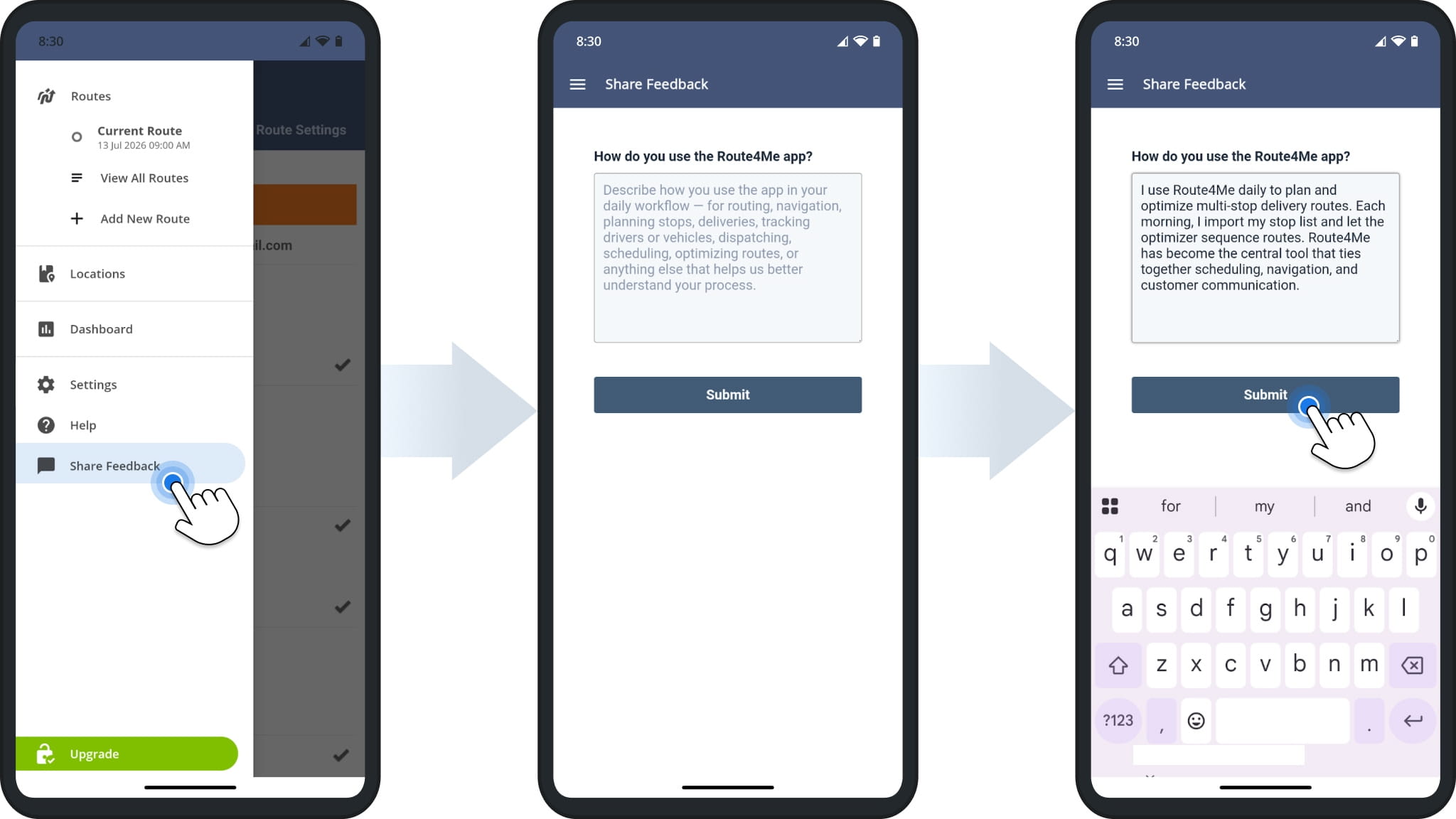 Share feedback with Route4Me by letting us know how you use the app, what you like, and any suggestions you may have for improvements.
