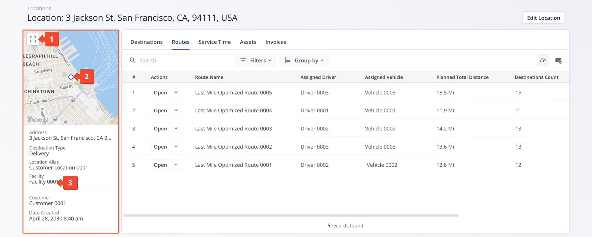 The Location Summary panel shows the address, assigned customer, contact info, and a map of the location.