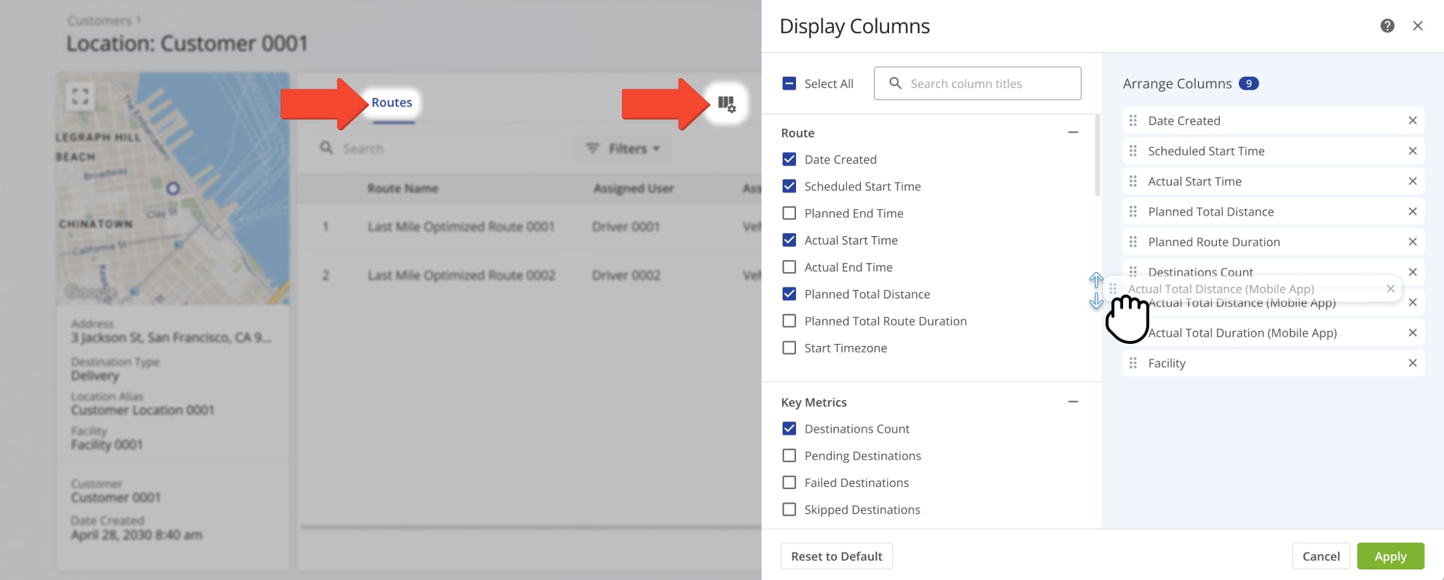 From the Routes tab, you can view all route-related data associated with the location.