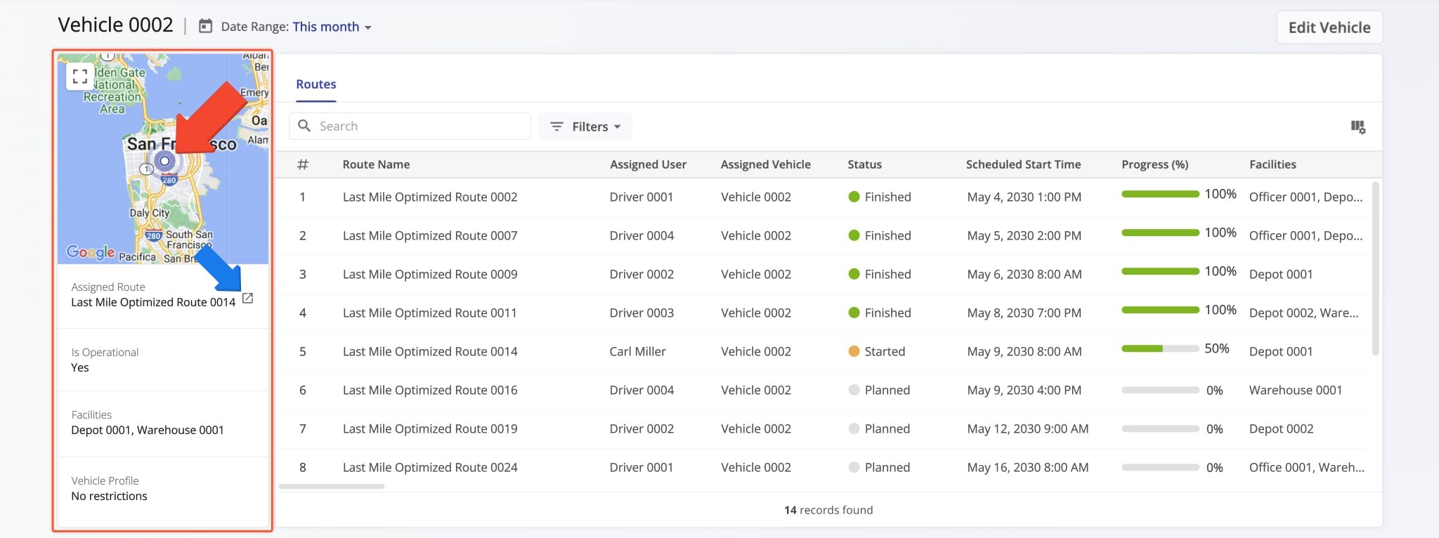 The Vehicle Summary map shows the Vehicles's last synchronized location. Specifically, Route4Me enables you to track Vehicles and assets with real-time GPS tracking. Below the map, you can find information such as the route the vehicle is assigned to and more.