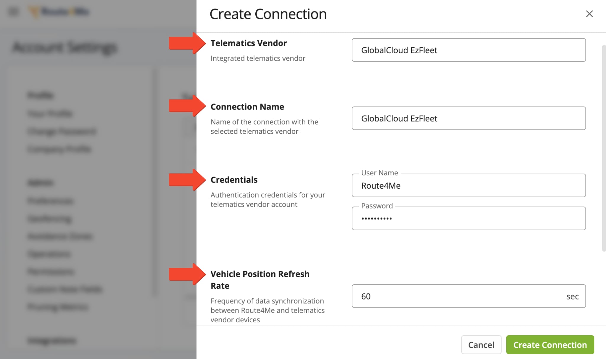 Add a connection by selecting EZ Fleet, entering a connection name, and setting the Vehicle Position Refresh Rate in the pop-up window.