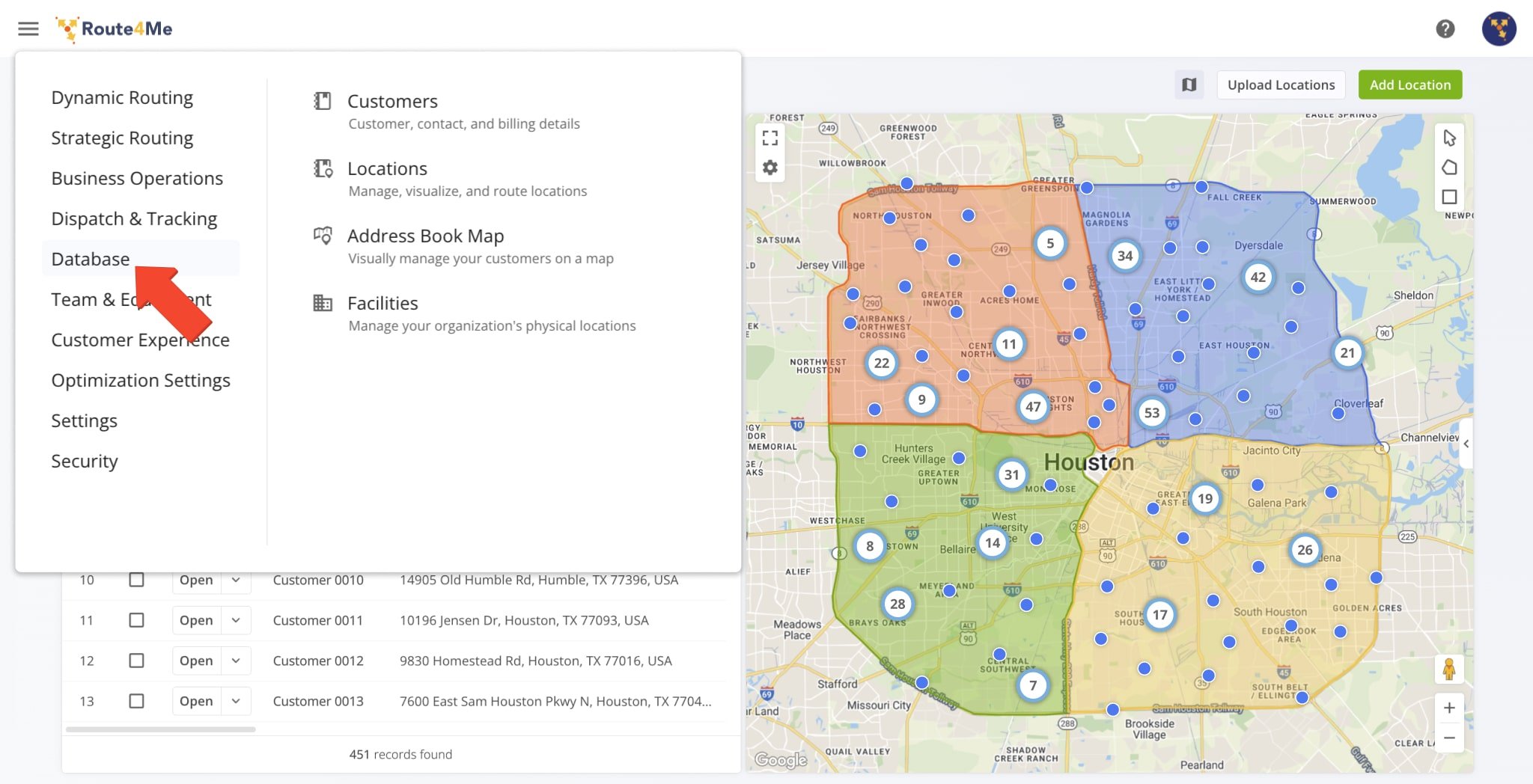 The Database category is where you can open your Customers, Locations, and Facilities pages and access the Address Book Map.
