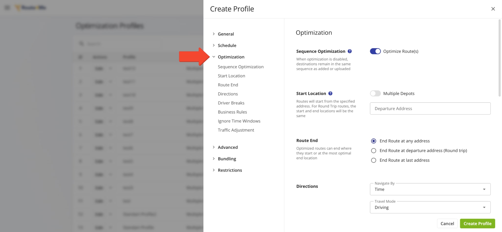Add route optimization profile settings, route end option, stops distribution, business rules and optimization constraints, etc.