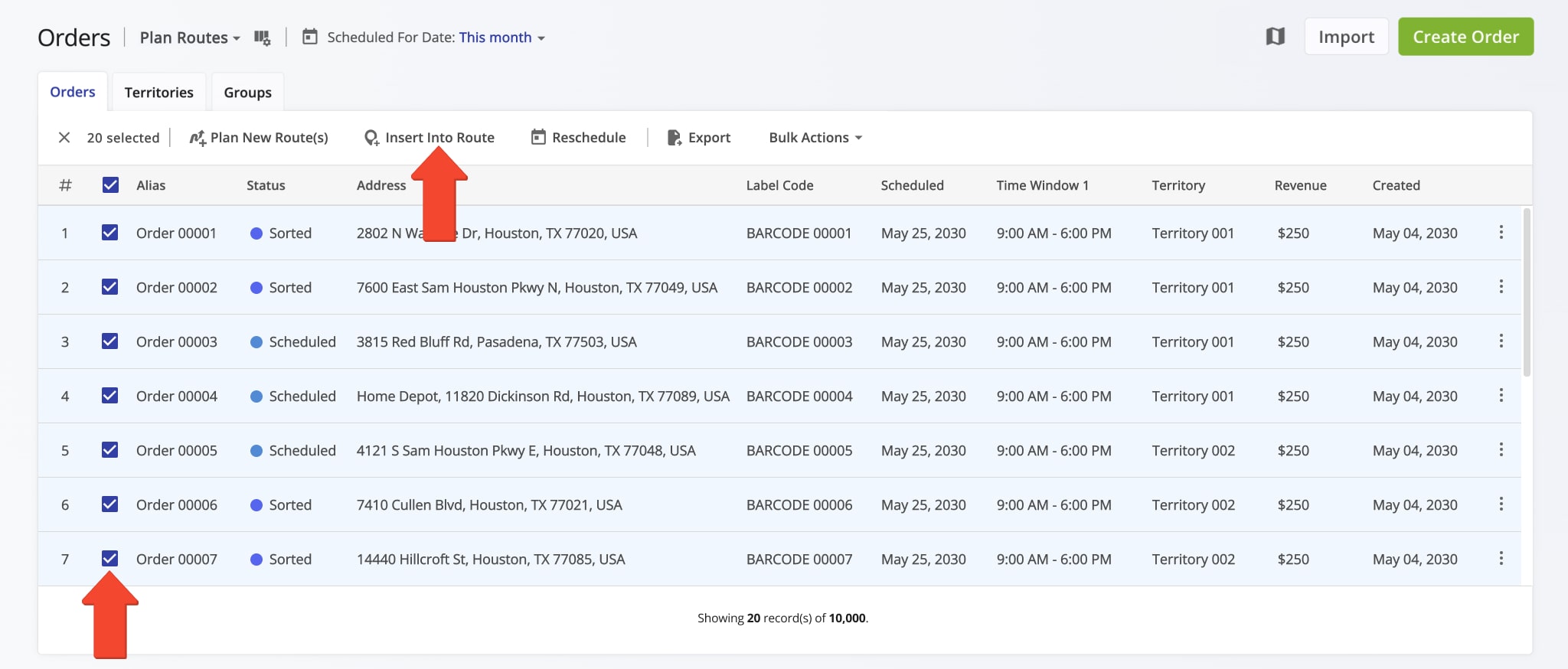 You can select orders and insert them into planned and optimized order routes.