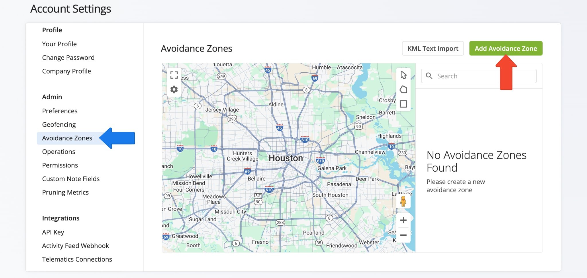 Create Avoidance Zones by navigating to Account Settings, selecting Avoidance Zones under Admin, and using the map to define a specific area.