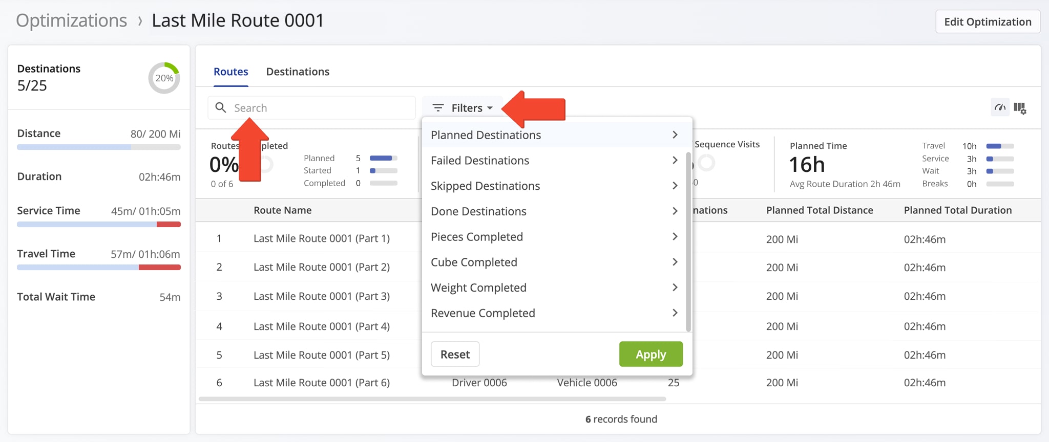Use the Search field or Filters to quickly locate specific routes in the Optimization Snapshot based on selected parameters.
