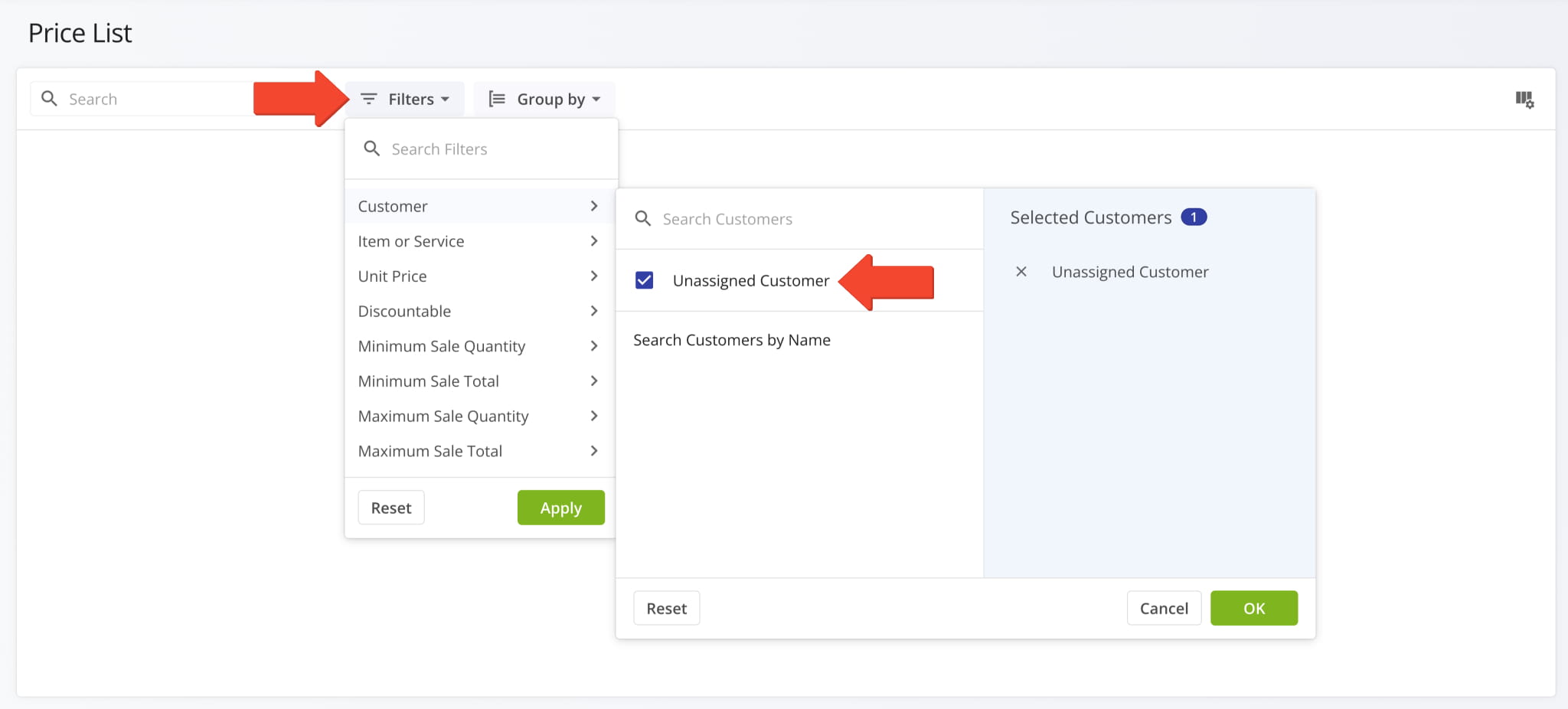 Select Unassigned Customer when filtering your ERP PRice List to see price entries with no associated Customer.