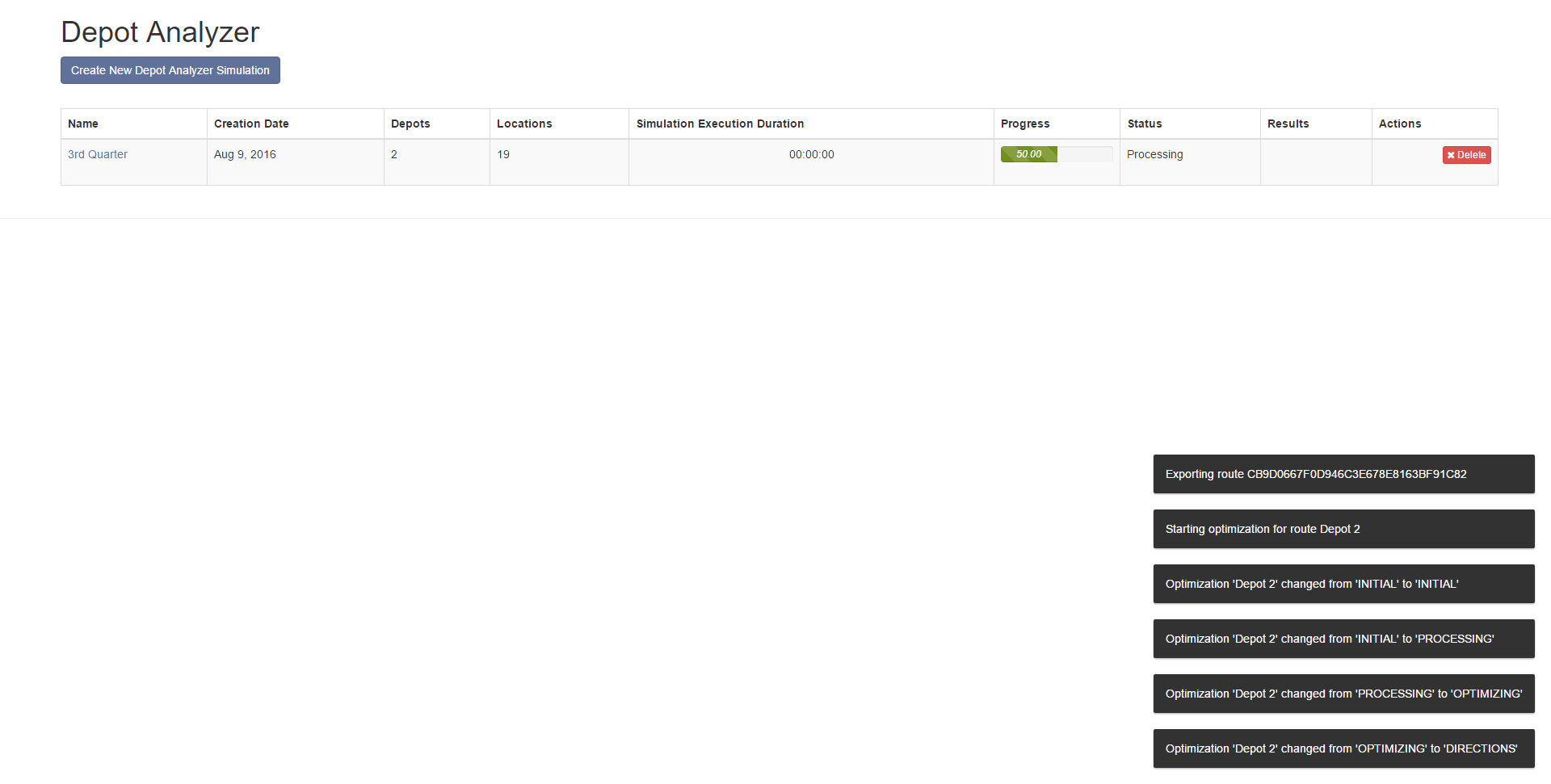 The warehouse data analytics tools will display the progress of the simulation on the main page of the Depot Analyzer.