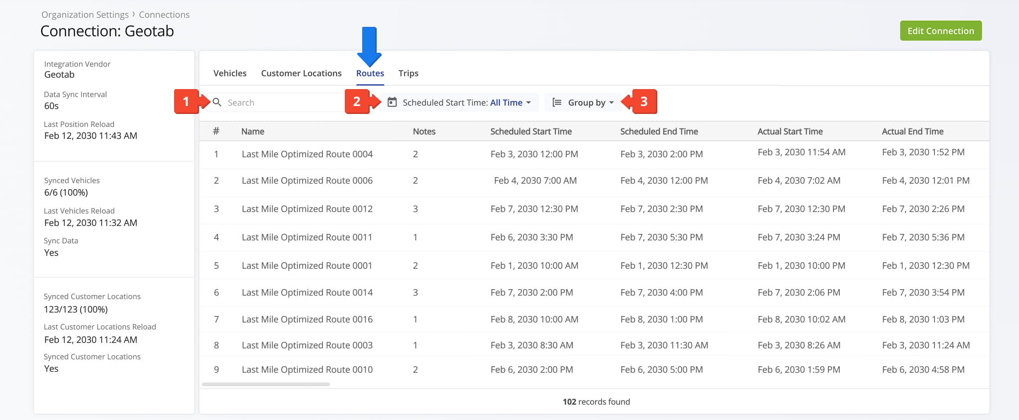 The Routes tab provides an overview of all routes associated with the selected Telematics Connection, displayed in a structured data table.