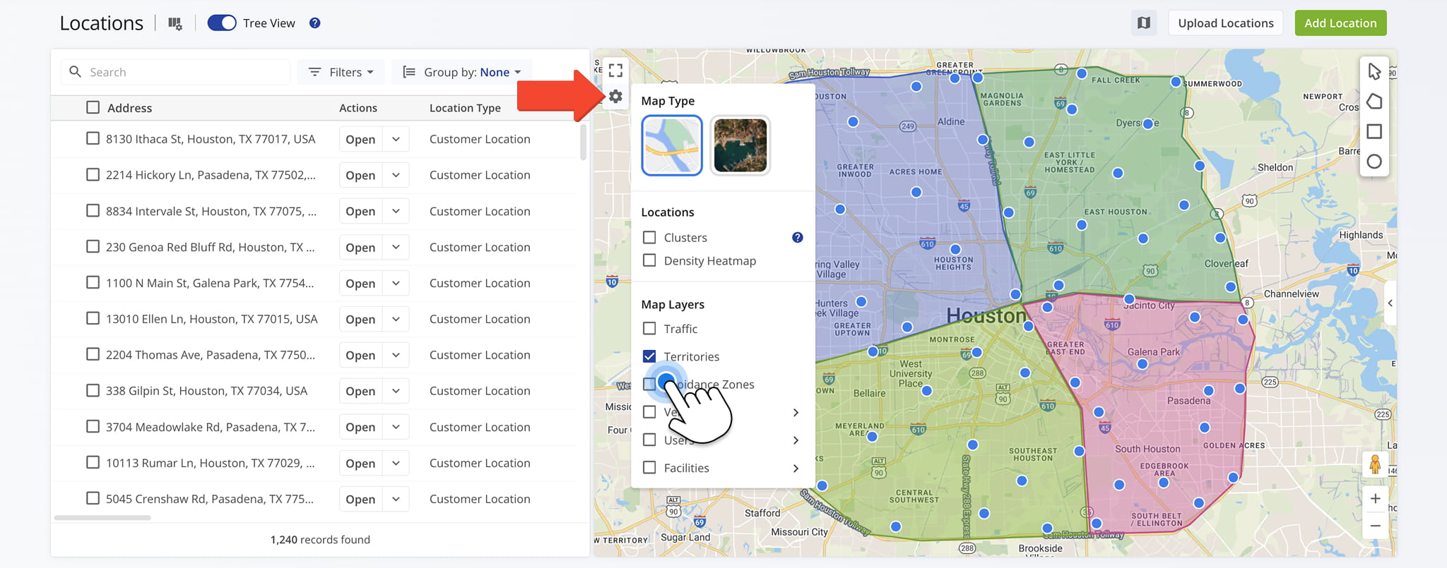 Click the gear icon to view all territories on the Locations Map.