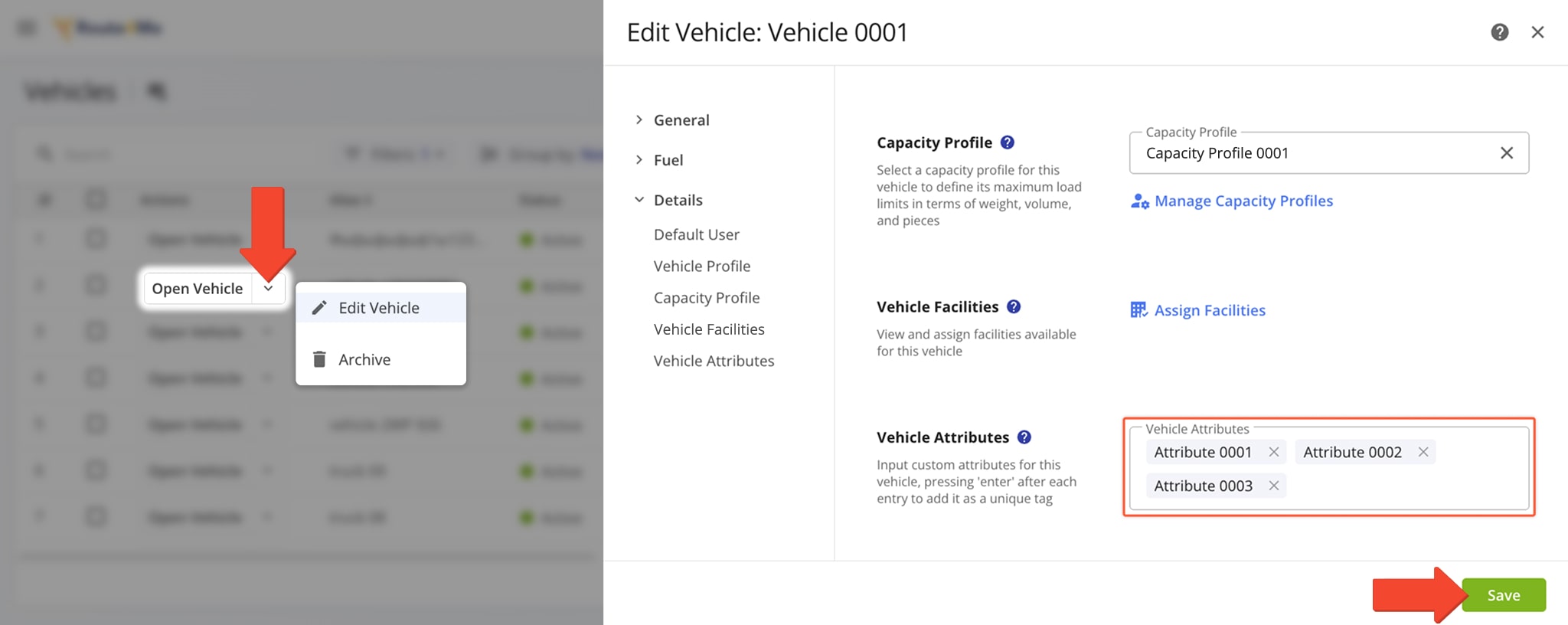 Custom Vehicle Attributes will be matched to the respective attributes of route addresses. When the Vehicle Attributes match the address attributes, the Vehicle can be automatically assigned to the respective address.