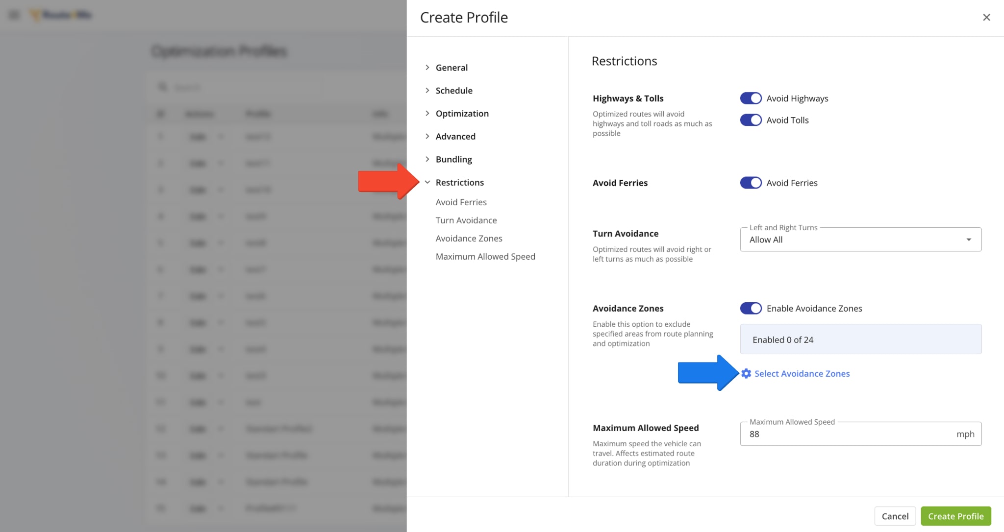 Add avoidance settings to your Optimization Profile to avoid highways or avoid toll roads when planning and optimizing routes.