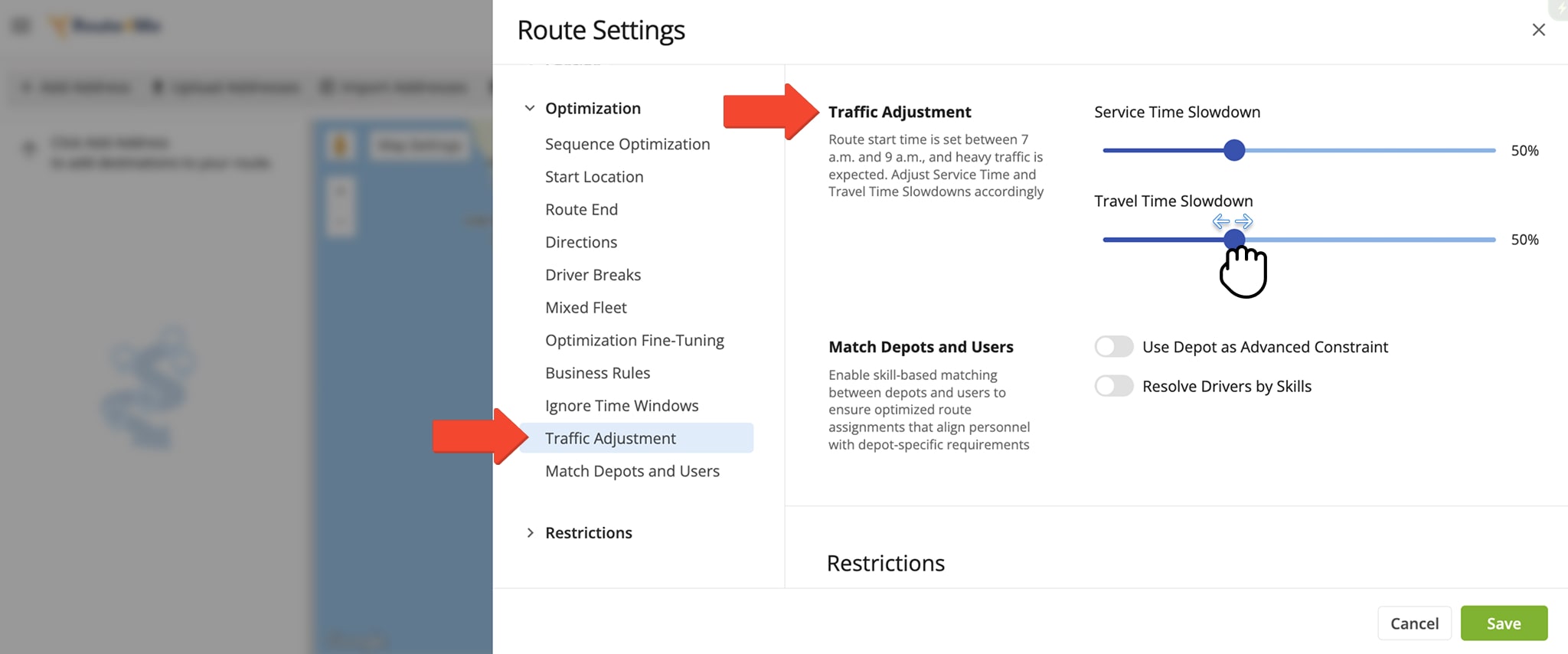 In the 'Schedule' tab, you'll find options to adjust Service Time and Travel Time Slowdowns using drop-down menus.