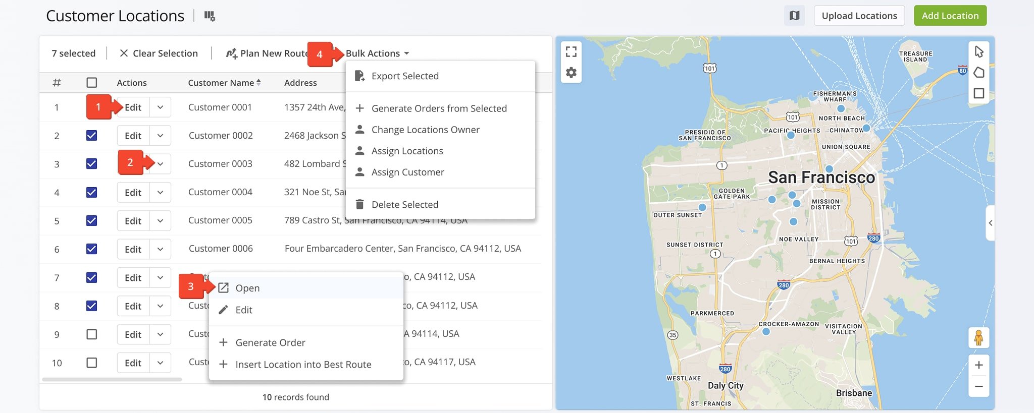 To modify a Customer Location, click the 'Edit' button or the Down Arrow to access additional actions.