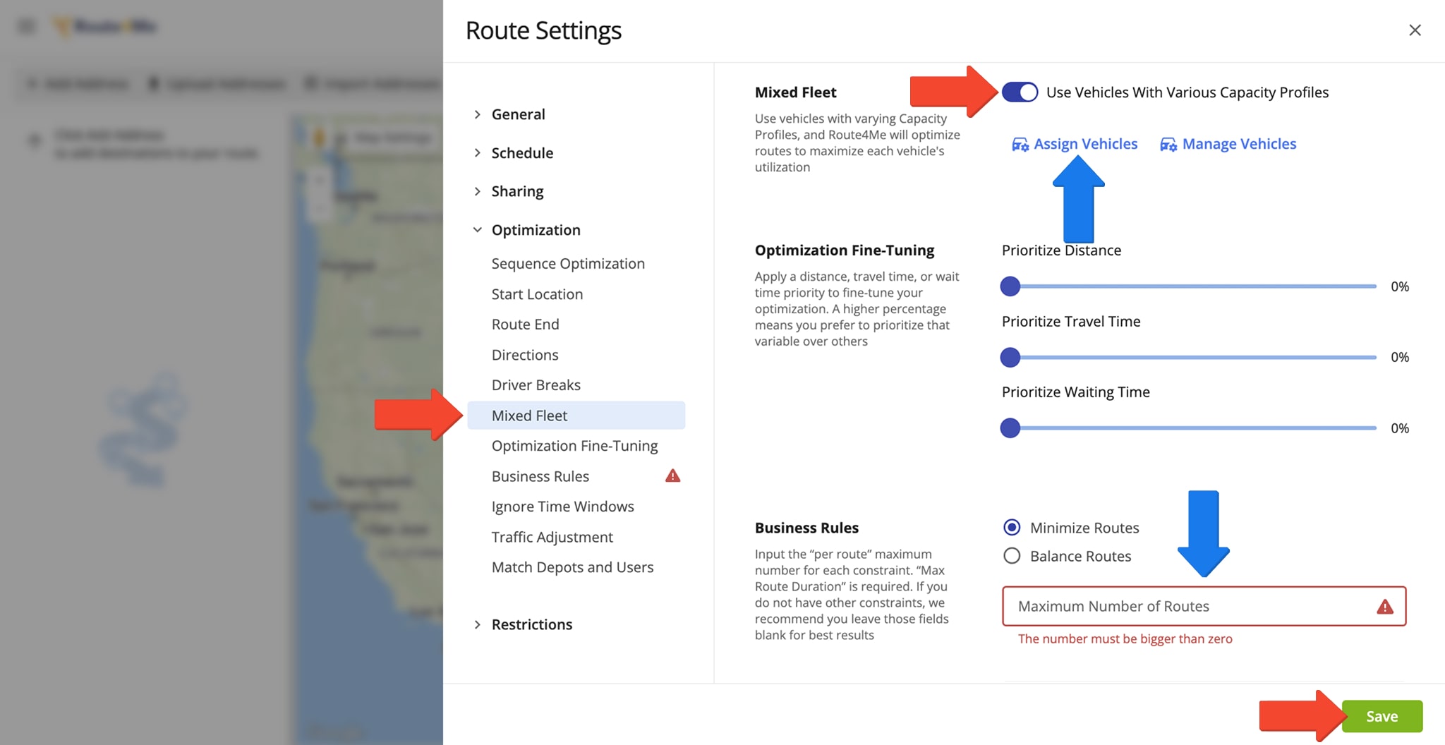 Enable Mixed Vehicles Fleet in Optimization Settings and select the preferred vehicles you want to plan routes for by checking the respective boxes.