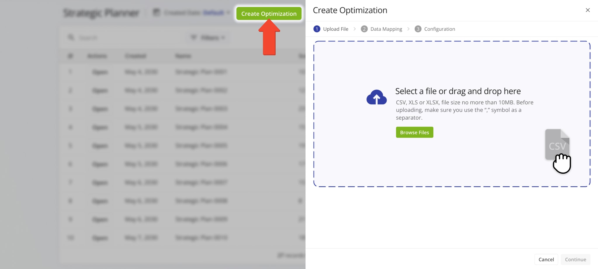 Upload a spreadsheet file with customer locations and schedule data to the strategic planner to automatically optimize thousands of recurring schedule routes in seconds!