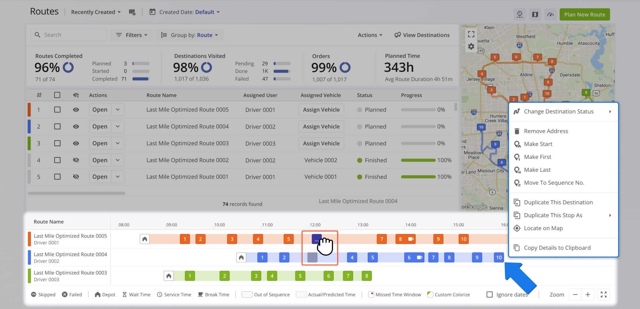Right-click any destination to change its status, adjust its sequence, duplicate it, or locate it on the map.