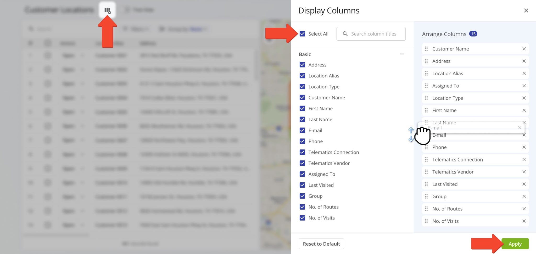 Click the Columns Icon to open the Display Columns Panel and customize which columns appear and their order on your Customer Locations page.