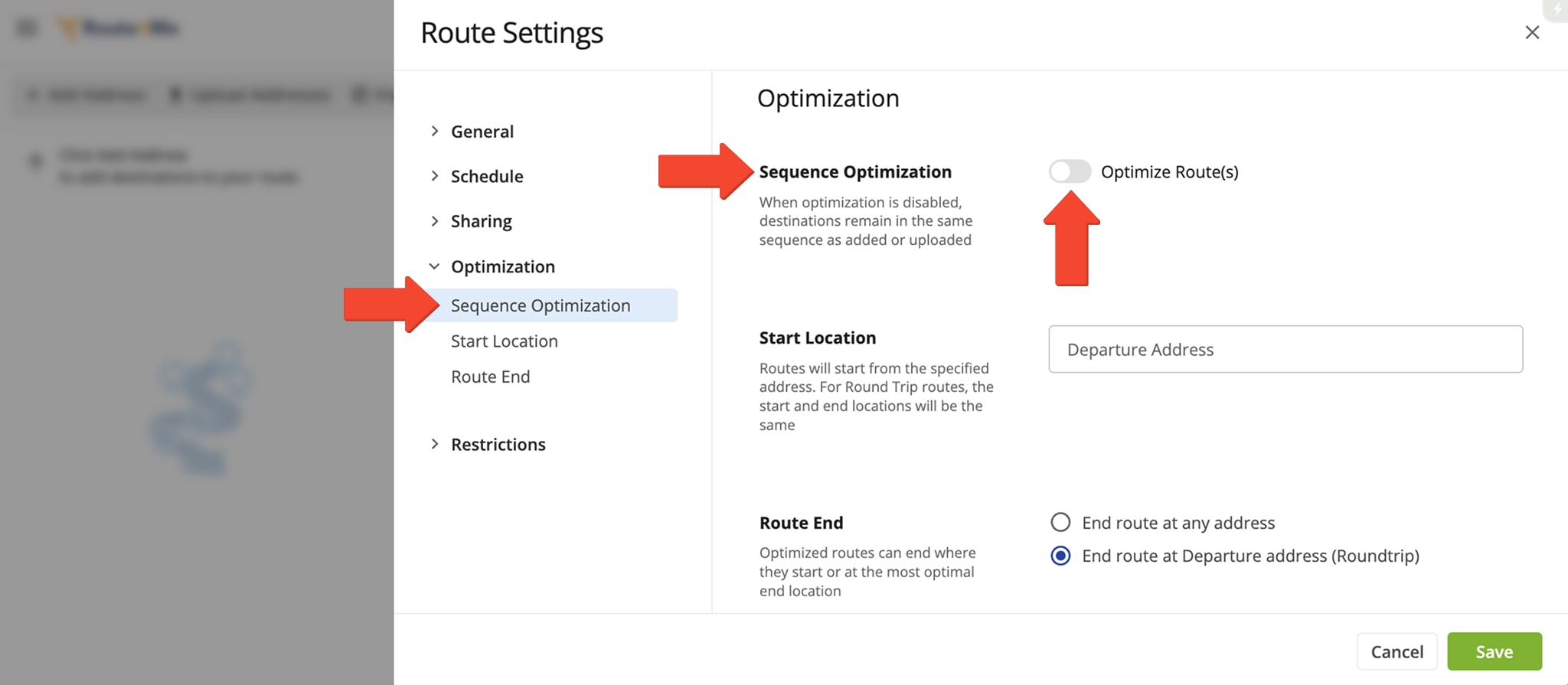Enable or disable Optimization, set navigation and travel mode preferences, and choose the route's endpoint after the final destination is serviced.
