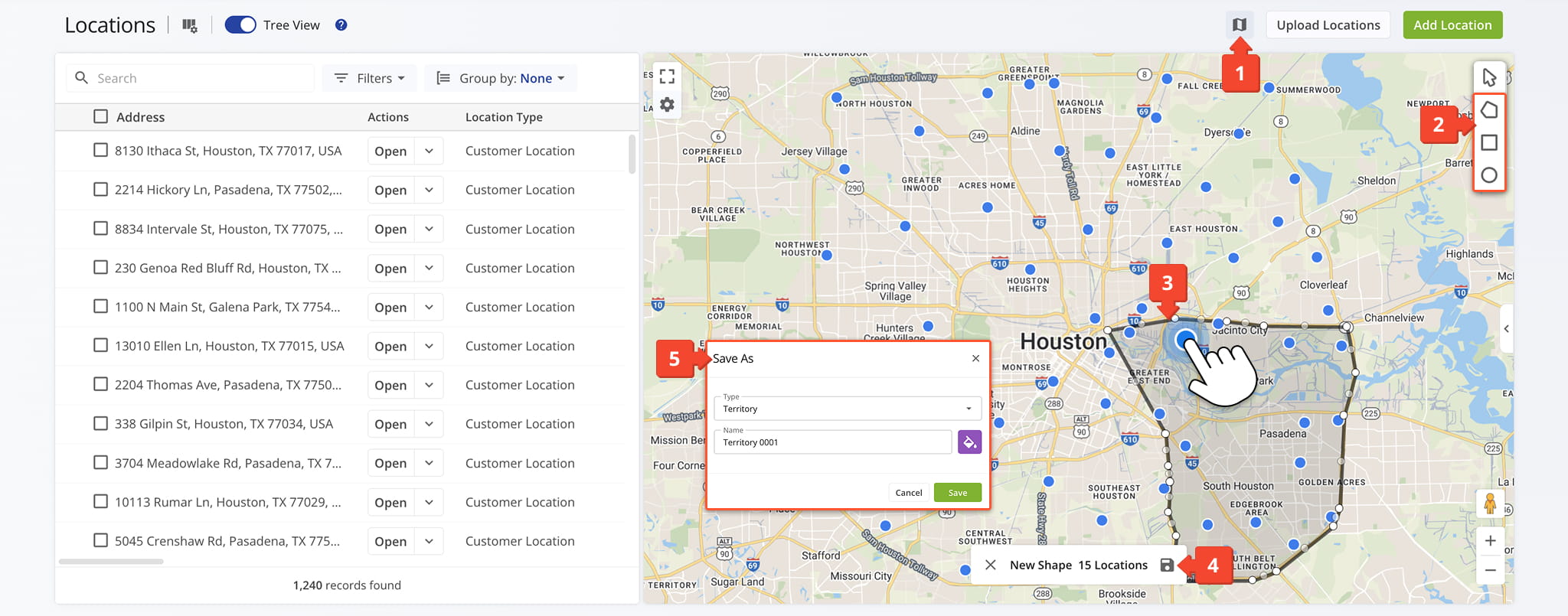 Draw custom shapes on the map to create Location territories.