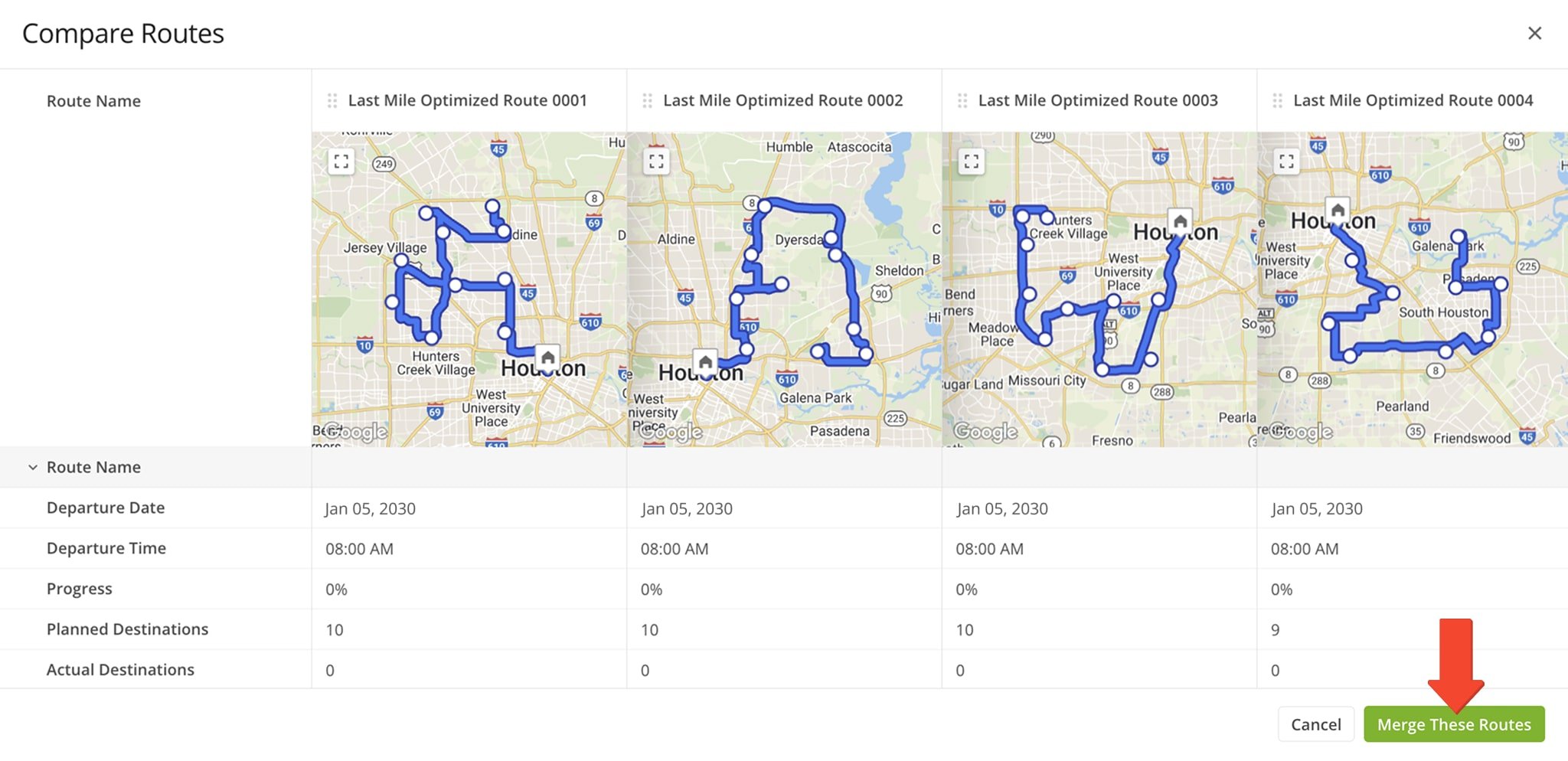 Route4Me enables you to compare multiple routes side by side, including maps, directions, schedules, travel time, distance, and vehicle usage. You can even merge routes directly from the Compare Routes screen.