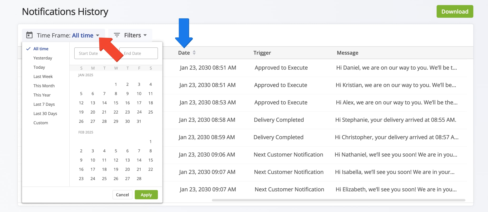 Filter notifications by date using the 'Time Frame' button to select a range, then sort them by latest or earliest using the arrow icon in the Date column.