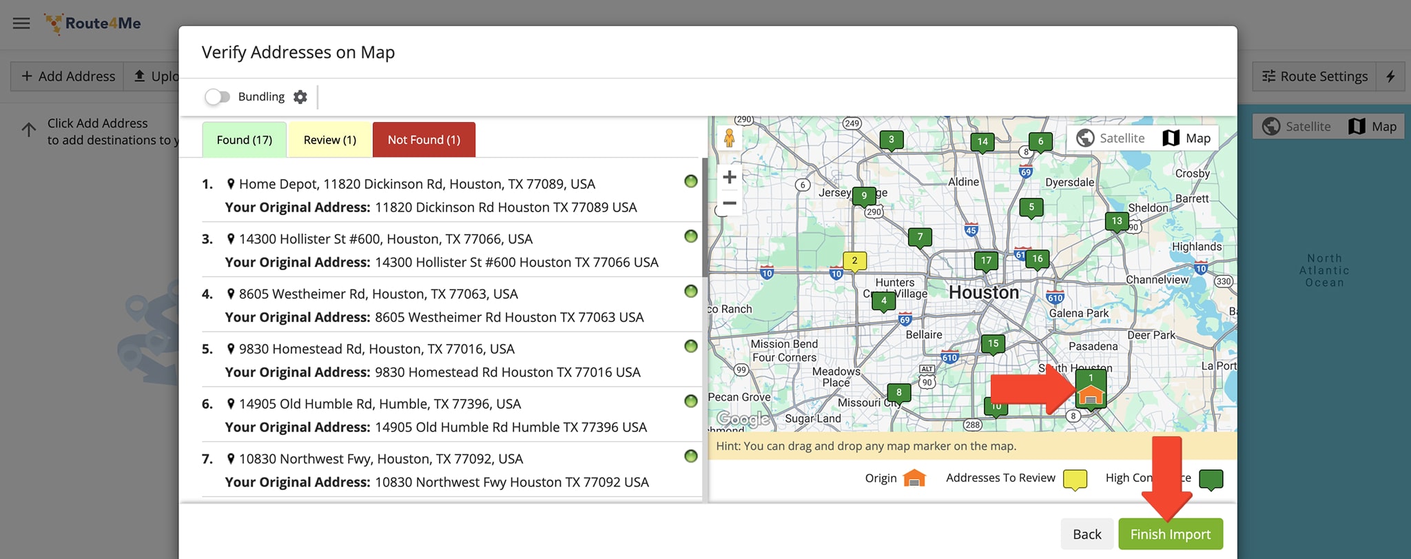 Check all addresses and their geocoding, confirm depots and the main distribution center.