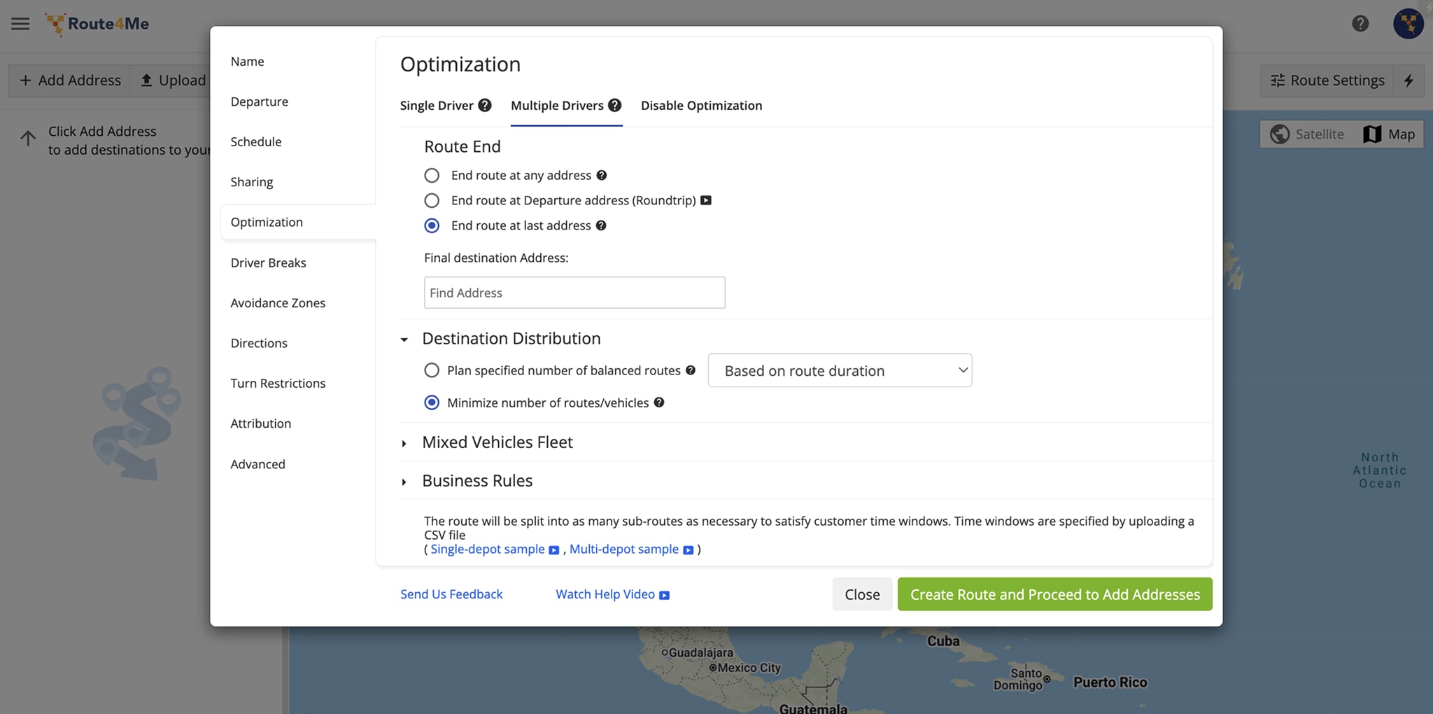 Customize route settings, optimization type, departure address, route scheduled start time, business rules, optimization constraints, and more.