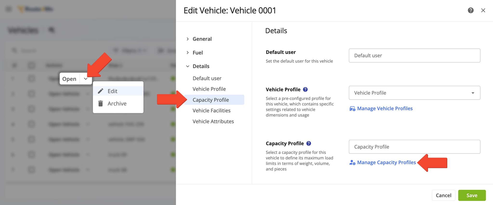 To plan routes for vehicles with different load capacities, you need to create Vehicle Capacity Profiles. 