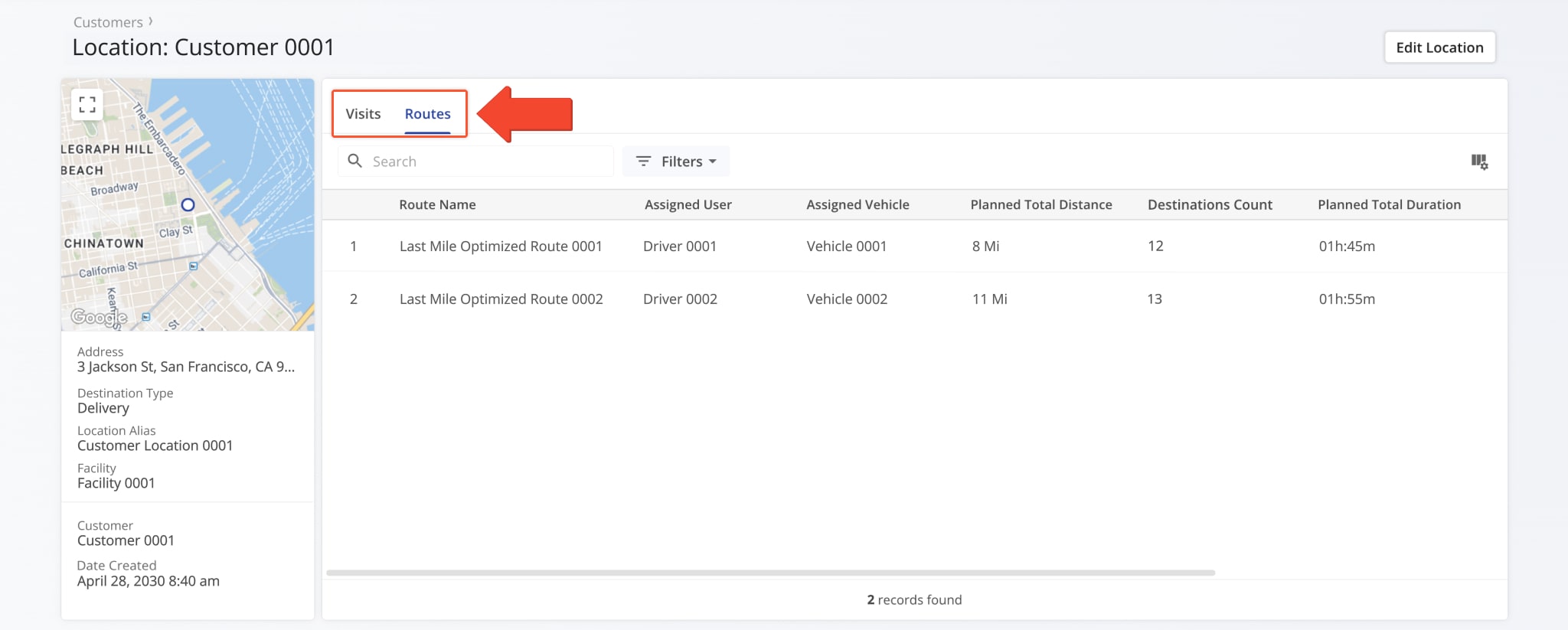 The Snapshot includes two data tabs, Visits and Routes, for viewing key location activity.