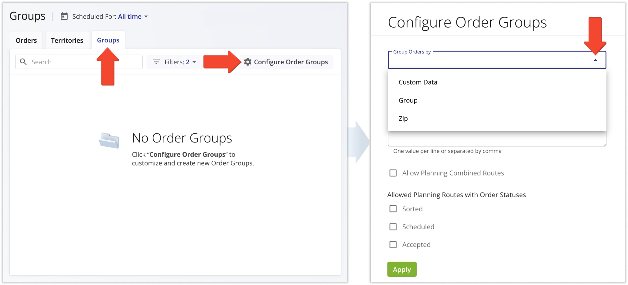 Configure Order Groups to group orders by ZIP Code, Custom Data values, and unique Group IDs and plan routes with custom Order Groups.