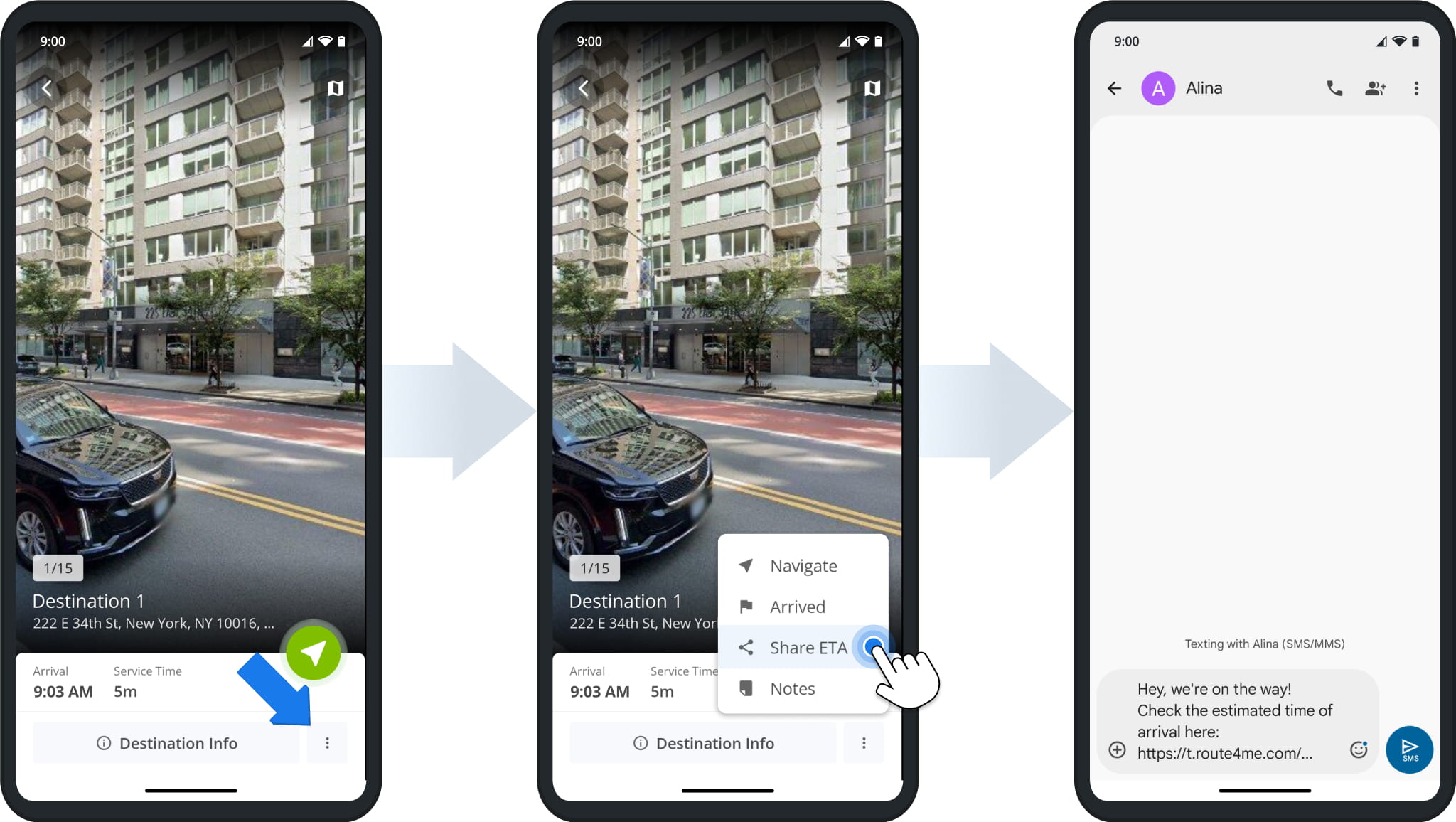 After starting a route, you can access additional destination options from the Three-dot Icon or on the Destination Info screen. To send an ETA and tracking link, simply tap Share ETA.