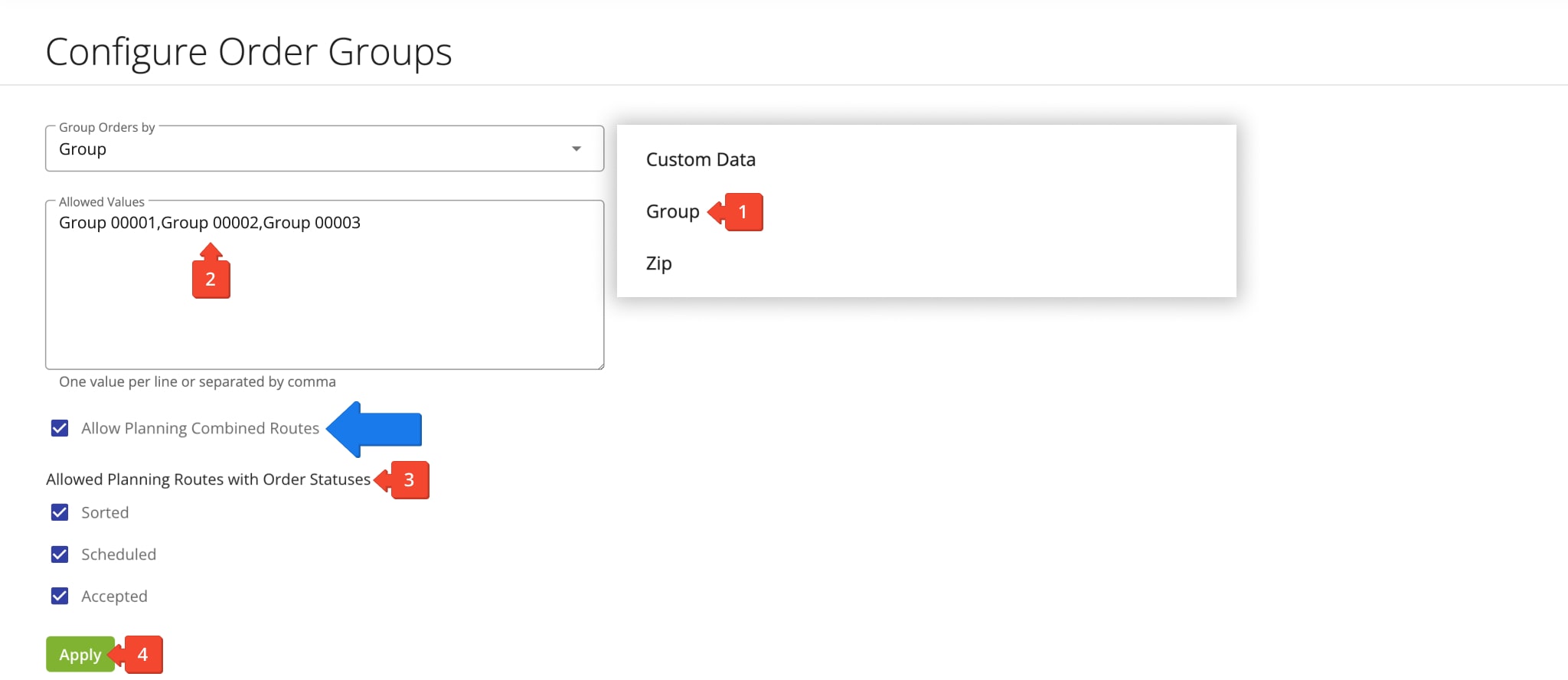 Group orders by unique Order Group IDs to create custom Order Groups for repeat routing.
