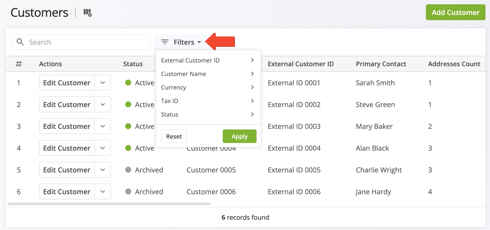 Click 'Filters' to narrow Customer data by a specific parameter, or use the 'Search' bar to find a particular entry.