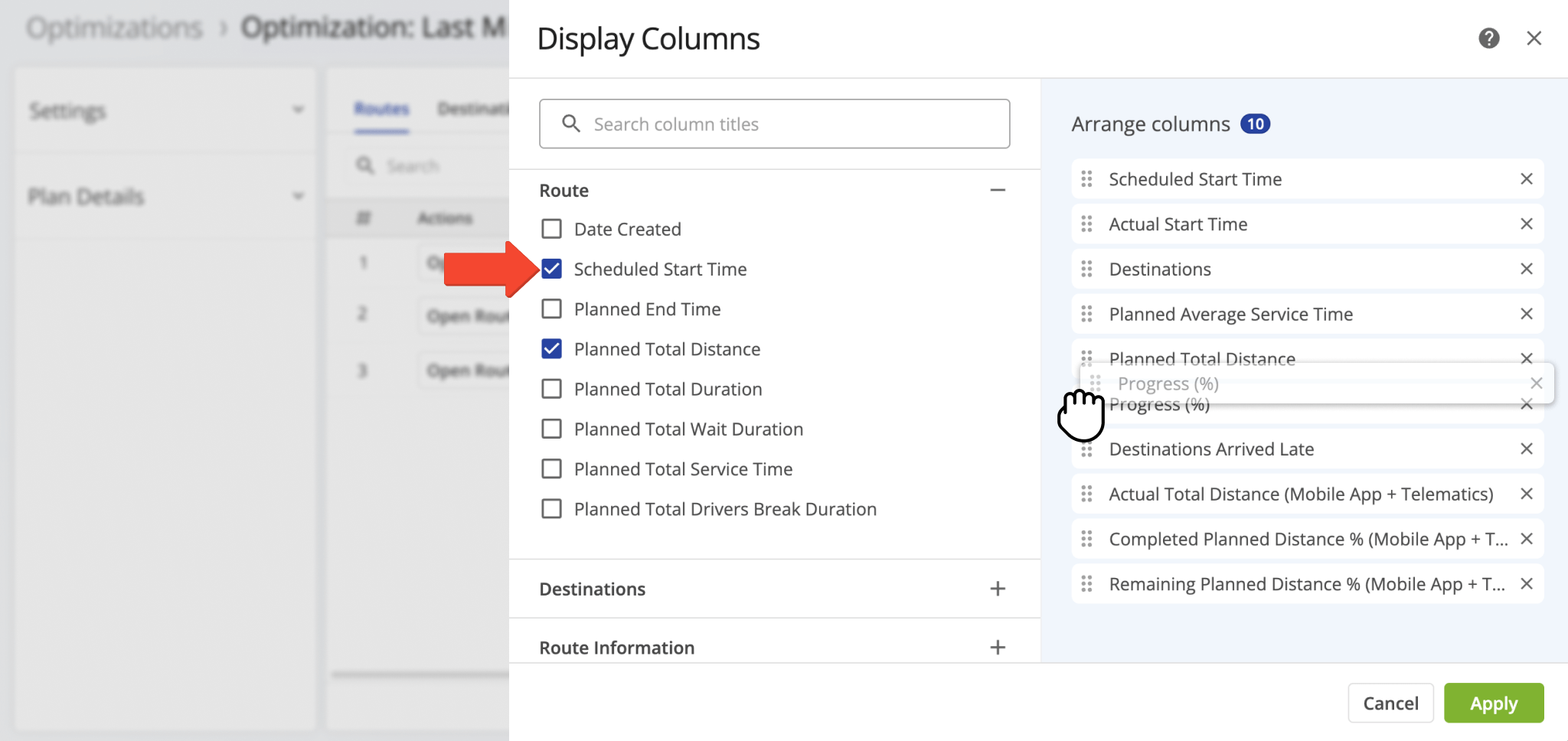Select and arrange Snapshot columns by checking boxes and using drag-and-drop to customize their order.
