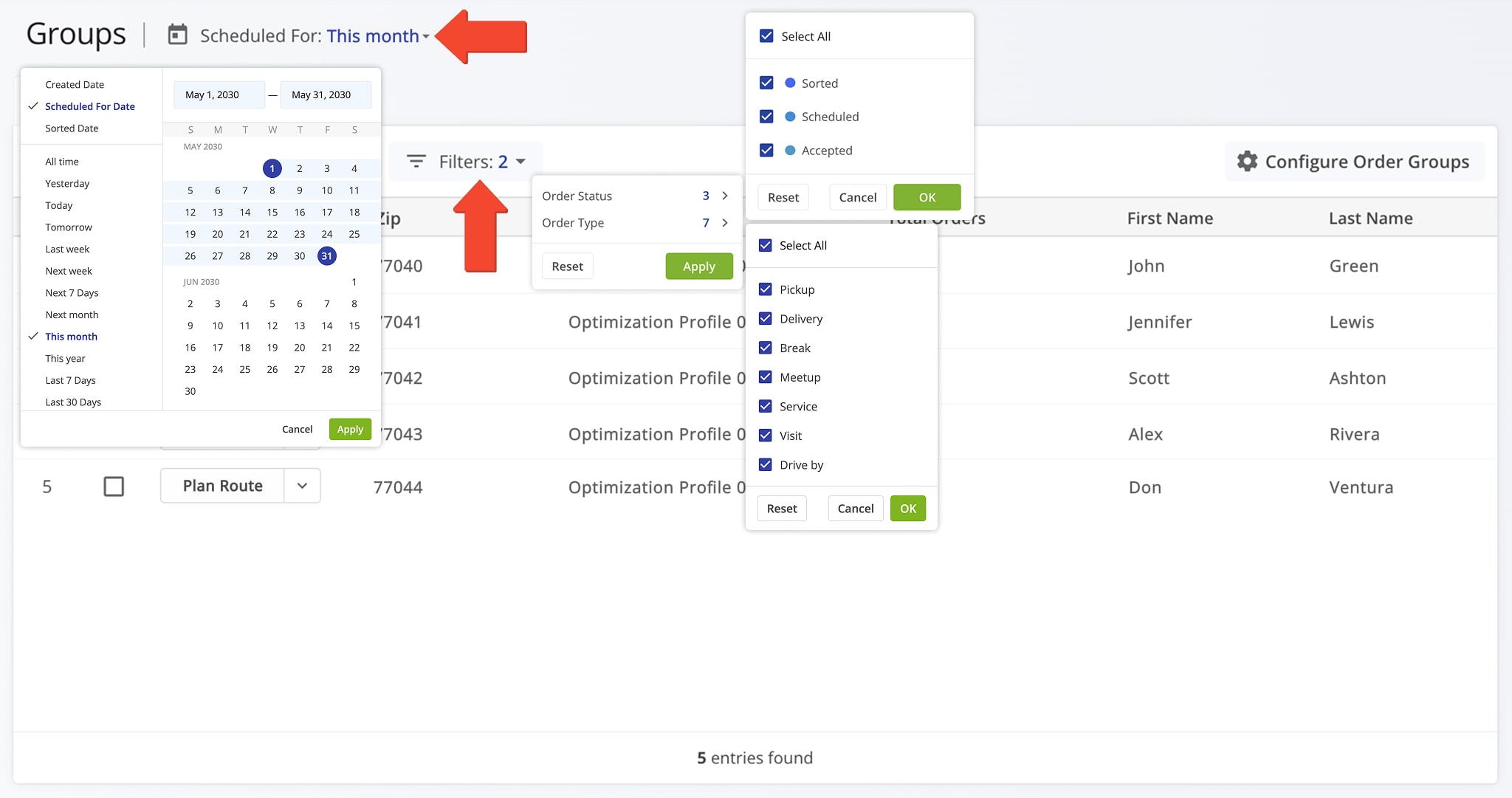Assigning optimization profiles to custom Order Groups and filtering orders for recurring order route planning.