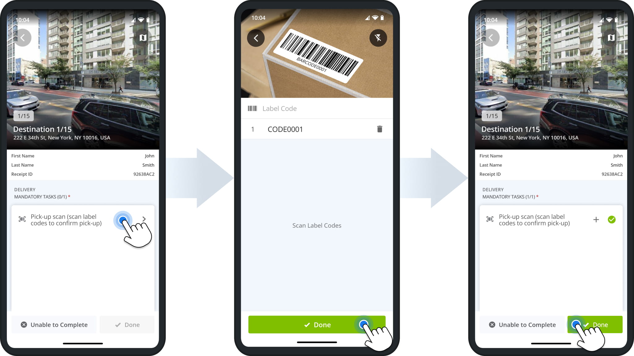 Route4Me driver app Pick-up scan task: tapping the task, scanning the barcode label on the order being picked up, and tapping Done once the task is complete.