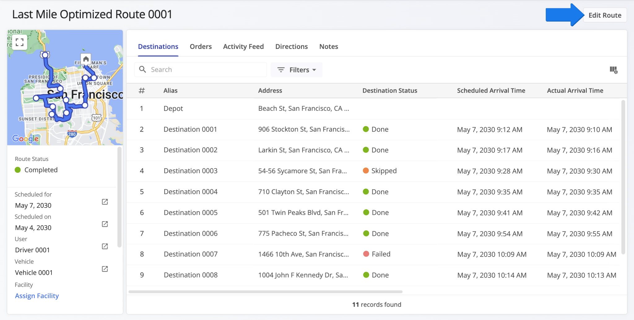 Route Snapshot showing detailed destination data and key routing metrics.