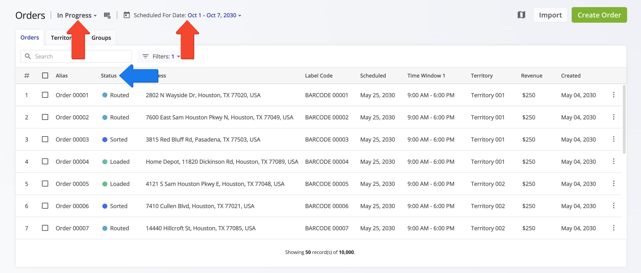 From Progress View Mode, you can view orders with the following statuses: Loaded, Manually Loaded, Routed, and Sorted.