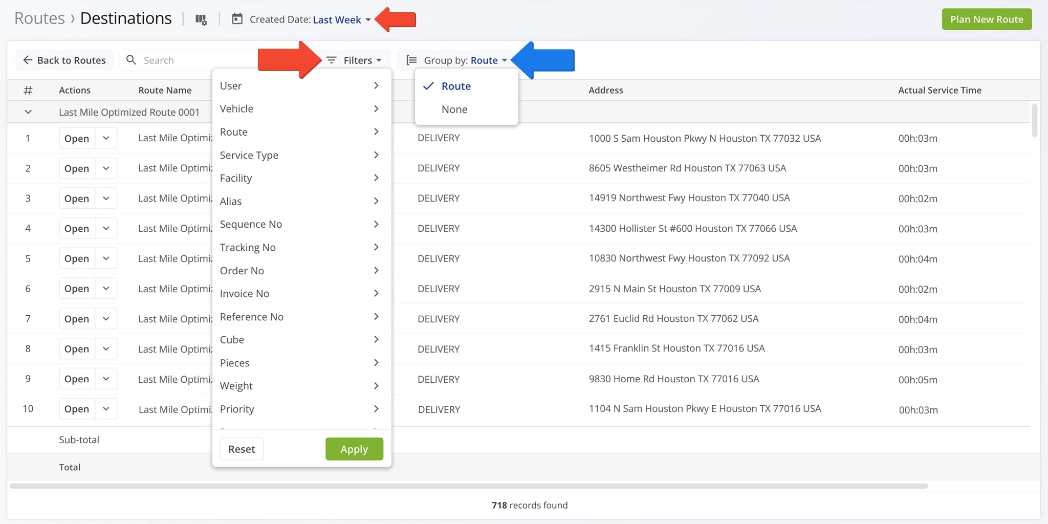You can filter and groups Destinations on the Routes List in the same way you filter and group routes.