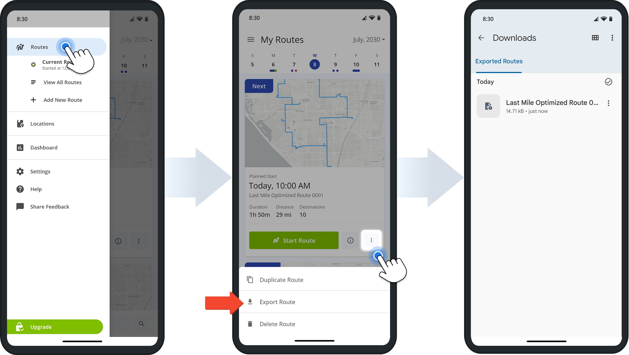 Click Export Route to download a CSV file of a planned route.