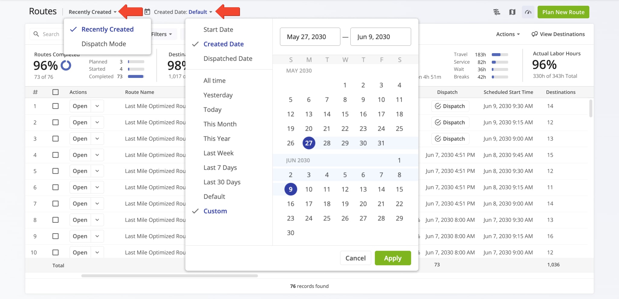 The Recently Created View Mode sorts routes according to their creation date.